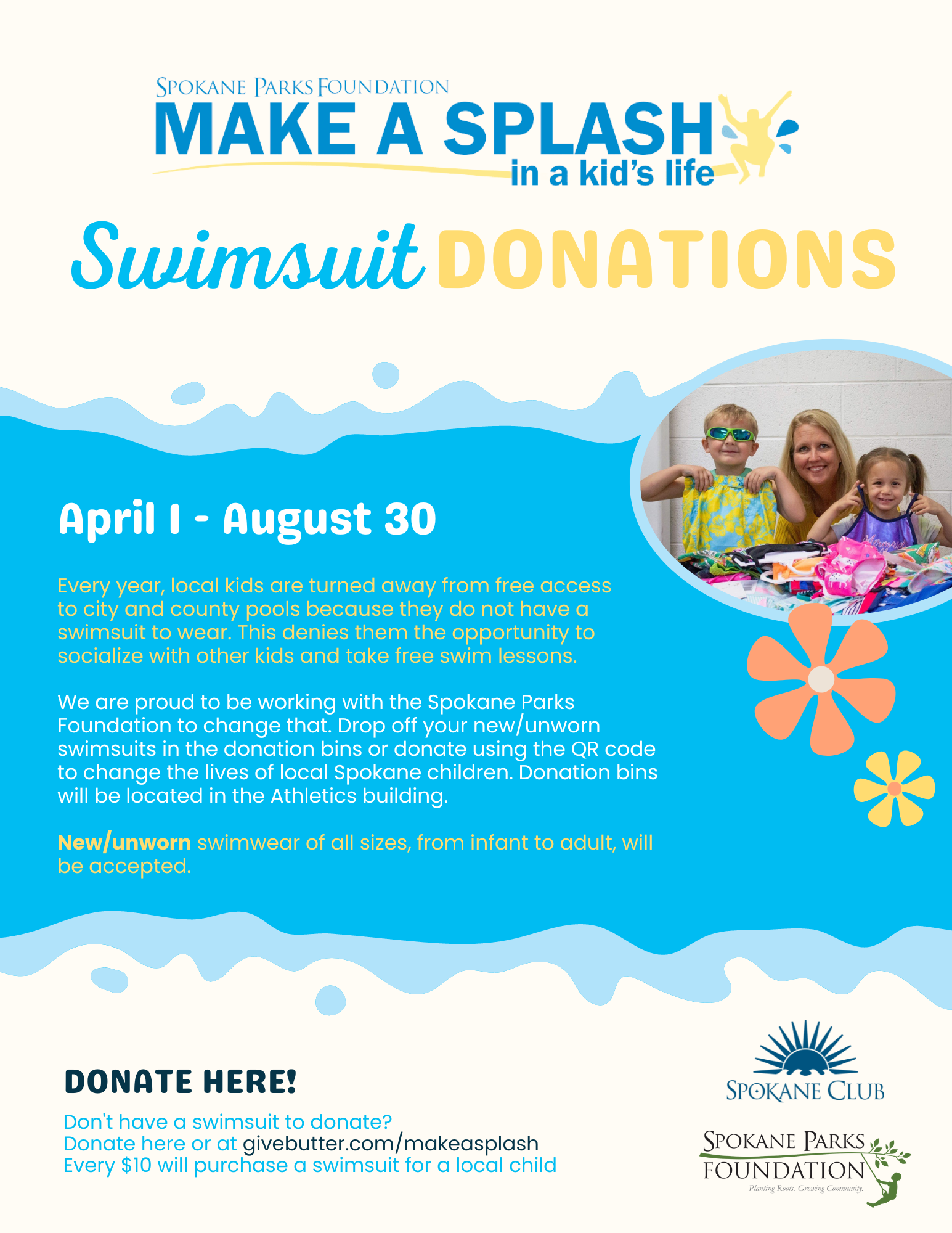 A Spokane Club poster shows details on the make a splash initiative to collect swimsuit donations for local children.